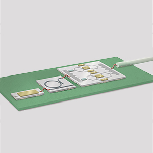 Artist’s view of an on-chip multi-channel optical transmitter setup comprising a laser source, frequency comb generator, an array of modulators which are connected with photonic wirebonds. by KIT/IPQ