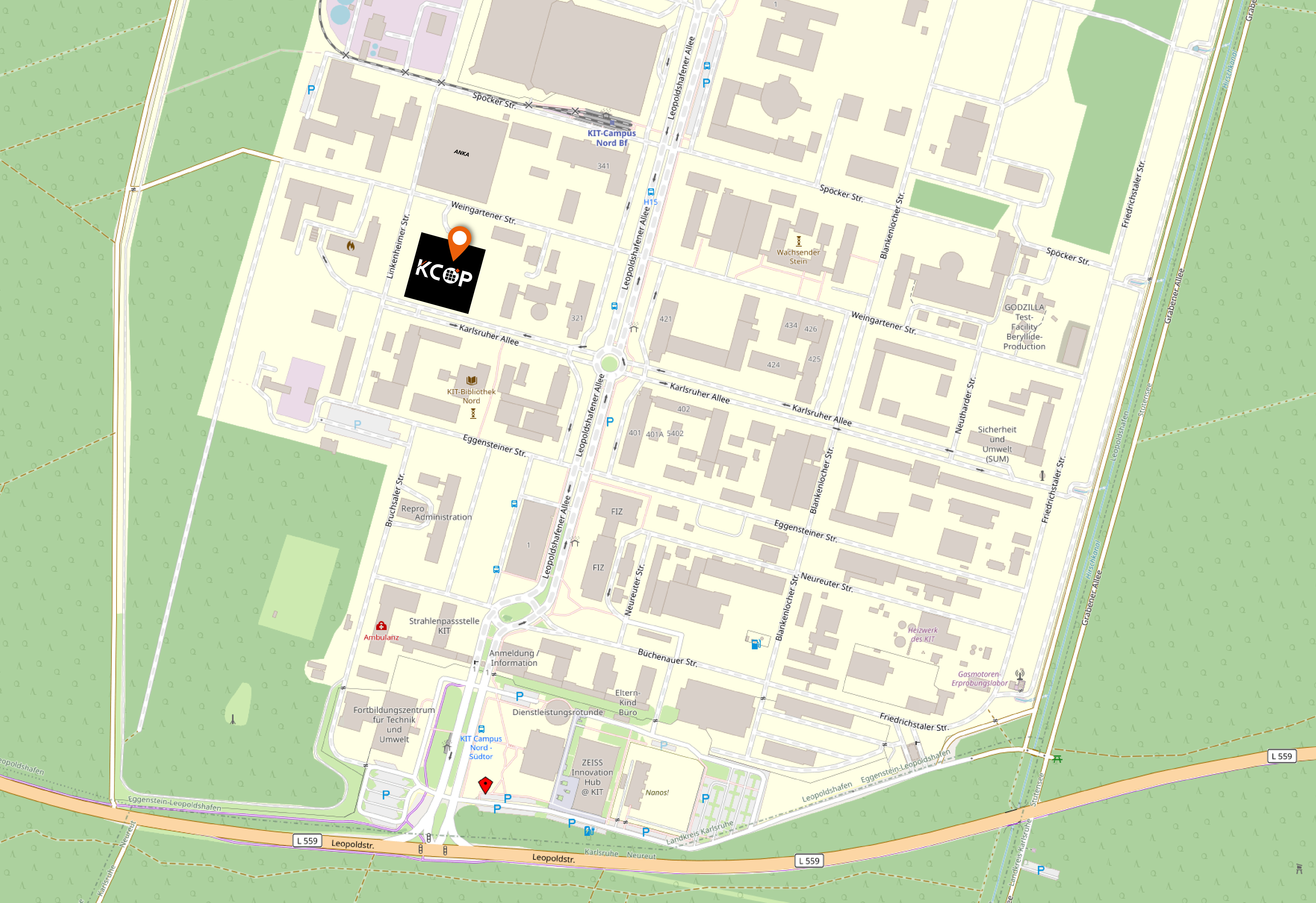 Location of future building of KCOP at KIT Campus North | Copyright: Openstreetmap